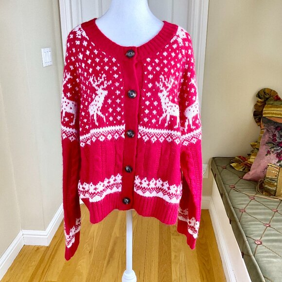 Old Navy Sweater Cardigan Holiday Red White Reindeer Fair Isle 2023 (XL) - Picture 1 of 8